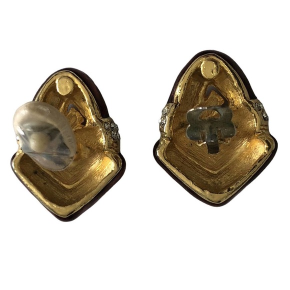 Vintage Clip Earrings Bronze Gold Enamel Rhinestone Crystal Chunky 1980s - Picture 4 of 8